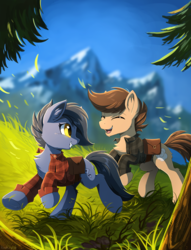 Size: 979x1280 | Tagged: safe, artist:hioshiru, oc, oc only, oc:blueberry, oc:mist, earth pony, pony, bag, bluemist, clothes, female, forest, male, mare, mountain, oc x oc, running, shipping, smiling, stallion, straight
