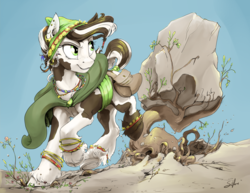 Size: 2640x2040 | Tagged: safe, artist:silfoe, oc, oc only, earth pony, pony, clothes, coat markings, commission, ear piercing, earring, earth pony magic, female, hat, high res, jewelry, piebald coat, piercing, pinto, plant magic, robe, rock, solo