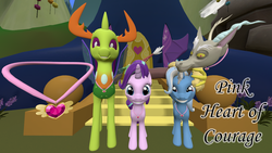 Size: 1280x720 | Tagged: safe, artist:natorni, discord, starlight glimmer, thorax, trixie, changedling, changeling, draconequus, pony, unicorn, g4, 3d, king thorax, reformed four