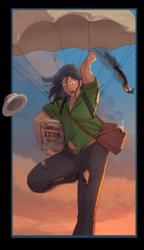 Size: 1200x2077 | Tagged: safe, artist:eve-ashgrove, artist:vest, daring do, human, g4, box, clothes, collaboration, female, fire, humanized, looking down, parachute, plane, solo