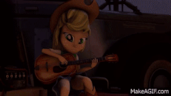 Size: 320x180 | Tagged: safe, artist:so doge wow, applejack, equestria girls, g4, 3d, animated, female, gif, guitar, looking at you, makeagif.com, meet the engineer, source filmmaker, team fortress 2, youtube link