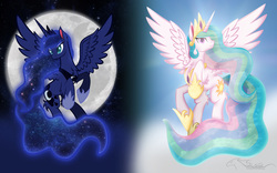 Size: 1600x1000 | Tagged: safe, artist:auveiss, princess celestia, princess luna, alicorn, pony, g4, alicorns only, duo, duo female, female, mare, moon, royal sisters, wallpaper