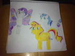Size: 1024x765 | Tagged: safe, artist:penelopehamuchan, rarity, shining armor, sunset shimmer, pony, g4, butterfly wings, sonic heroes, traditional art
