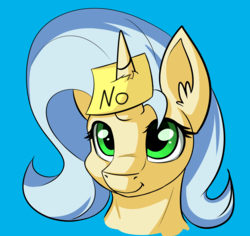 Size: 2215x2092 | Tagged: safe, artist:duop-qoub, oc, oc only, oc:posty, pony, unicorn, blue background, bust, female, high res, mare, no, portrait, simple background, smiling, solo, sticky note