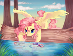 Size: 1024x791 | Tagged: dead source, safe, artist:naminzo, fluttershy, pegasus, pony, g4, colored pupils, cute, female, mare, prone, reflection, ripple, shyabetes, sky, solo, spread wings, tree, water, wings