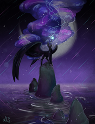 Size: 1000x1300 | Tagged: safe, artist:alina-sherl, nightmare moon, alicorn, pony, g4, crescent moon, female, large wings, long mane, magic, mare, moon, night, scenery, smiling, solo, transparent moon, wings