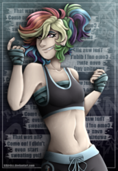 Size: 1240x1800 | Tagged: safe, artist:monnarcha, rainbow dash, human, g4, alternate hairstyle, bandage, belly button, clothes, female, humanized, midriff, multicolored hair, smiling, solo, sports bra, tape, trunks, wrist tape