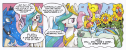 Size: 4655x1835 | Tagged: safe, artist:xeviousgreenii, fluttershy, princess celestia, princess luna, rainbow dash, starlight glimmer, pony, a royal problem, do princesses dream of magic sheep, g4, abuse, comic, dashabuse, high res, nightmare sunflower, sunflower, traditional art, you had one job