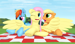 Size: 2432x1434 | Tagged: safe, artist:stillwaterspony, applejack, fluttershy, rainbow dash, pegasus, pony, g4, appledashshy, female, lesbian, picnic, picnic blanket, plate, polyamory, preening, shipping, spread wings, wince, wings