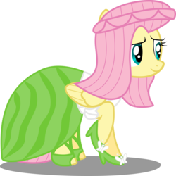 Size: 7592x7596 | Tagged: safe, artist:atomicmillennial, part of a set, fluttershy, pegasus, pony, g4, inspiration manifestation, absurd resolution, alternate hairstyle, alternate universe, clothes, dress, female, her inspiration manifests, high heels, mare, part of a series, simple background, solo, story included, transparent background, vector