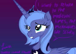 Size: 4823x3445 | Tagged: safe, artist:darkest-lunar-flower, princess luna, alicorn, pony, g4, absurd resolution, chest fluff, crying, eyelashes, female, fluffy, frown, gradient background, gritted teeth, looking up, mare, medieval, on the moon for too long, s1 luna, sad, scared, solo, text