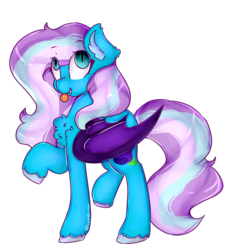 Size: 1097x1152 | Tagged: safe, artist:yunieelloa, oc, oc only, oc:darky rose, bat pony, pony, chest fluff, female, mare, raised hoof, simple background, solo, tongue out, transparent background