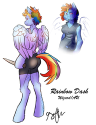 Size: 3293x4282 | Tagged: dead source, safe, artist:shellielle, rainbow dash, pegasus, anthro, unguligrade anthro, g4, alternate universe, ass, butt, eye scar, female, high res, implied tail hole, knife, looking back, looking down, looking over shoulder, looking sideways, looking up, mare, rear view, scar, simple background, smiling, solo, tail