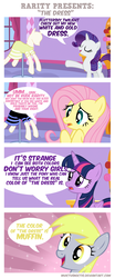 Size: 4094x9809 | Tagged: safe, artist:invictusnoctis, derpy hooves, fluttershy, rarity, twilight sparkle, alicorn, pegasus, pony, unicorn, g4, absurd resolution, clothes, comic, dialogue, dress, female, horn, mare, meme, ponyquin, speech bubble, the dress, twilight sparkle (alicorn), vector, white and gold or black and blue dress meme