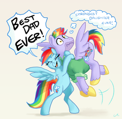 Size: 5600x5447 | Tagged: safe, artist:docwario, bow hothoof, rainbow dash, pegasus, pony, g4, parental glideance, absurd resolution, backwards cutie mark, bipedal, brown background, chokehug, crushing, dialogue, eyes closed, father and daughter, father's day, female, hug, male, simple background, smiling, spread wings, standing, strong, thought bubble, wavy mouth, wings, yelling