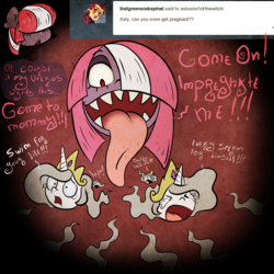 Size: 1000x1000 | Tagged: safe, artist:dreadcoffins, princess celestia, oc, oc:asterisk the witch, alicorn, pony, princess molestia, g4, an egg being attacked by sperm, ask, bust, crown, crying, dialogue, egg, egg cell, impregnation, jewelry, long tongue, not pinkamena, open mouth, personified egg cell, personified spermatozoon, regalia, role reversal, running, scared, speech bubble, sperm being attacked by an egg, spermatozoon, sweat, tongue out, tumblr