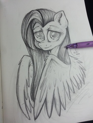 Size: 2448x3264 | Tagged: safe, artist:nikjessica, fluttershy, pony, g4, bust, female, high res, looking at you, monochrome, pencil drawing, portrait, solo, traditional art, wings
