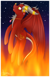 Size: 1024x1547 | Tagged: safe, artist:ayameshiromi, dracony, hybrid, pony, alexstrasza, crossover, female, fire, flying, horn, horn ring, horns, jewelry, mare, necklace, nose horn, ponified, solo, warcraft, world of warcraft