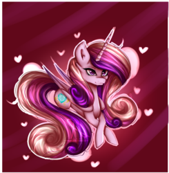 Size: 987x1006 | Tagged: safe, artist:nutellaakanutella, princess cadance, alicorn, pony, g4, abstract background, female, heart, mare, prone, solo