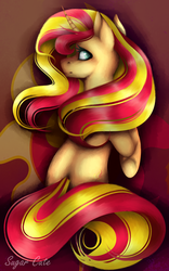 Size: 892x1432 | Tagged: safe, artist:littlesugarcute, sunset shimmer, pony, unicorn, g4, bunset shimmer, butt, cutie mark background, female, looking back, mare, plot, rearing, solo