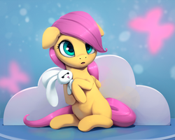 Size: 1000x800 | Tagged: safe, artist:rodrigues404, angel bunny, fluttershy, pegasus, pony, g4, cute, female, filly, foal, hnnng, open mouth, plushie, shyabetes, sitting, solo