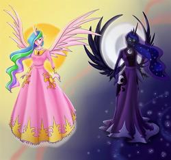Size: 945x885 | Tagged: safe, artist:marguarita33, princess celestia, princess luna, human, g4, clothes, dress, elf ears, horn, horned humanization, humanized, pony coloring, royal sisters, winged humanization, wings