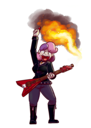 Size: 633x889 | Tagged: safe, artist:secretgoombaman12345, sweetie belle, human, g4, boots, clothes, female, fire, flying v, guitar, humanized, meanie belle, musical instrument, open mouth, pants, pyro belle, shoes, simple background, solo, transparent background