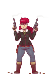 Size: 633x889 | Tagged: safe, artist:secretgoombaman12345, apple bloom, human, g4, boots, chubby, chubby bloom, clothes, coat, female, gun, humanized, lidded eyes, looking at you, pants, shoes, simple background, smoking gun, solo, transparent background, weapon