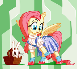 Size: 3000x2687 | Tagged: safe, artist:docwario, angel bunny, fluttershy, pegasus, pony, g4, basket, clothes, crossover, cute, dress, female, high res, looking at something, looking down, mare, shoes, shyabetes, smiling, spread wings, the wizard of oz, wings