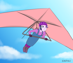 Size: 1000x867 | Tagged: safe, artist:empyu, starlight glimmer, equestria girls, g4, clothes, female, hang gliding, helmet, sky, smiling, solo