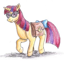 Size: 967x923 | Tagged: safe, artist:edhelistar, moondancer, pony, unicorn, fanfic:continuity saga, g4, bow, fanfic, fanfic art, female, glasses, mare, saddle bag, simple background, solo, tail bow, traditional art, white background