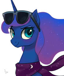 Size: 668x799 | Tagged: safe, artist:ehfa, princess luna, alicorn, pony, g4, blushing, clothes, female, looking at you, mare, scarf, simple background, smiling, solo, sunglasses, white background