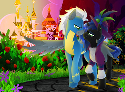 Size: 3477x2550 | Tagged: safe, artist:daydreamerpony, artist:lileya, edit, oc, oc only, oc:rayne, oc:storm, pony, flower, garden, high res, rose