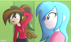 Size: 1024x614 | Tagged: dead source, safe, artist:wubcakeva, oc, oc only, oc:angel love, oc:cupcake slash, equestria girls, g4, clothes, duo, equestria girls-ified, female, hoodie, lockers, looking at something, sweater