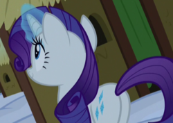 Size: 547x387 | Tagged: safe, screencap, rarity, pony, unicorn, g4, not asking for trouble, butt, cropped, female, glowing horn, horn, mare, plot, smiling, solo