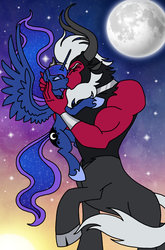 Size: 1024x1555 | Tagged: dead source, safe, artist:melspyrose, lord tirek, princess luna, alicorn, pony, g4, crack shipping, eyes closed, female, full moon, kissing, male, mare, moon, night, shipping, straight, tiluna