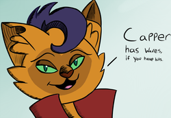 Size: 1015x699 | Tagged: safe, artist:itsthinking, derpibooru exclusive, capper dapperpaws, abyssinian, khajiit, anthro, g4, my little pony: the movie, blue background, bust, dialogue, looking at you, male, open mouth, portrait, reference, simple background, skyrim, text, the elder scrolls