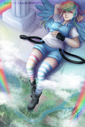 Size: 792x1188 | Tagged: safe, artist:saintprecious, rainbow dash, human, g4, clothes, cloudsdale, female, humanized, socks, striped socks, winged humanization, wings