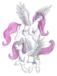 Size: 1415x1890 | Tagged: safe, artist:edhelistar, princess celestia, oc, oc:sunny skies, alicorn, pegasus, pony, g4, duo, female, lidded eyes, mare, open mouth, pink-mane celestia, simple background, traditional art, white background, young celestia, younger