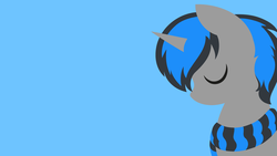 Size: 1366x768 | Tagged: safe, artist:rish--loo, oc, oc only, oc:frost fang, pony, unicorn, blue background, clothes, eyes closed, female, horn, lineless, mare, scarf, simple background, solo, wallpaper