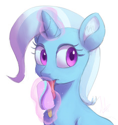 Size: 970x1032 | Tagged: safe, artist:grissaecrim, trixie, pony, unicorn, g4, cute, diatrixes, female, food, implied lesbian, implied shipping, implied startrix, licking, magic, mare, popsicle, simple background, solo, telekinesis, tongue out