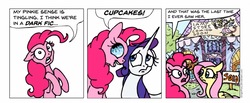 Size: 2642x1092 | Tagged: safe, artist:gingerfoxy, fluttershy, pinkie pie, rarity, earth pony, pegasus, pony, unicorn, fanfic:cupcakes, pony comic generator, g4, carousel boutique, comic, discord lamp