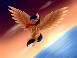 Size: 4000x3000 | Tagged: safe, artist:ohhoneybee, oc, oc only, oc:shooting star, pegasus, pony, female, flying, high res, mare, ocean, solo, spread wings, stars, sunrise, wings