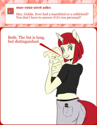 Size: 1000x1280 | Tagged: safe, artist:shelltoon, oc, oc only, oc:golden hearth, unicorn, anthro, ask goldie, ass, butt, clothes, female, horn, horn ring, innuendo, jeans, pants, solo, tumblr