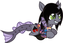 Size: 1085x749 | Tagged: safe, artist:lightningbolt, derpibooru exclusive, half-siren, hybrid, pony, unicorn, g4, .svg available, bring me the horizon, clothes, curved horn, emo, eyeliner, fangs, fins, fish tail, glowing, grin, hair over one eye, happy, horn, jewelry, kellin quinn, makeup, male, messy mane, necklace, open mouth, ponified, ponyloaf, prone, shirt, shoes, show accurate, simple background, sleeping with sirens, slit pupils, smiling, socks, solo, stallion, svg, t-shirt, transparent background, trap, vector