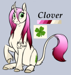 Size: 699x735 | Tagged: safe, artist:mythpony, oc, oc only, oc:clover, classical unicorn, pony, unicorn, curved horn, female, horn, leonine tail, mare, reference sheet, sitting, solo, unshorn fetlocks