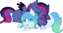 Size: 600x314 | Tagged: safe, artist:t-aroutachiikun, oc, oc only, oc:evermore, oc:sapphire ocean, pony, base used, cuddling, female, mare, prone, simple background, transparent background