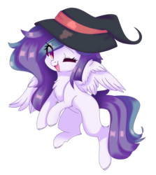 Size: 1618x1813 | Tagged: safe, artist:lnspira, oc, oc only, oc:shylu, pegasus, pony, female, hat, mare, one eye closed, simple background, solo, transparent background, wink, witch hat