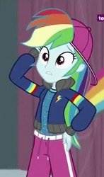 Size: 283x480 | Tagged: safe, screencap, rainbow dash, equestria girls, equestria girls specials, g4, my little pony equestria girls: dance magic, backwards ballcap, baseball cap, cap, clothes, cropped, female, hip hop, jacket, outfit, rapper dash, sexy, zoomed in