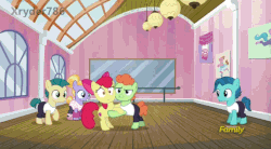 Size: 854x470 | Tagged: safe, screencap, apple bloom, berry star, shining passion, shuffle step, waltzer, earth pony, pony, g4, on your marks, animated, dance studio, dancing, female, gif, spinning